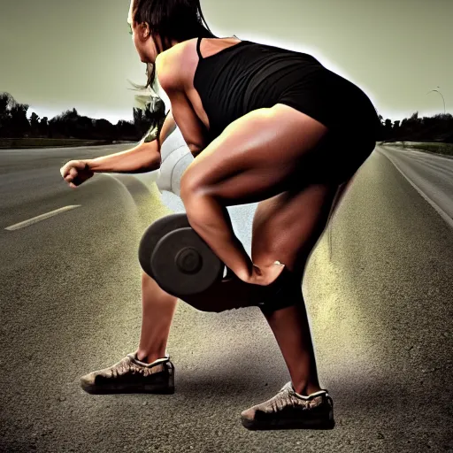 Image similar to car, bodybuilder, woman, weightlifting, toy, road, photo, digital art