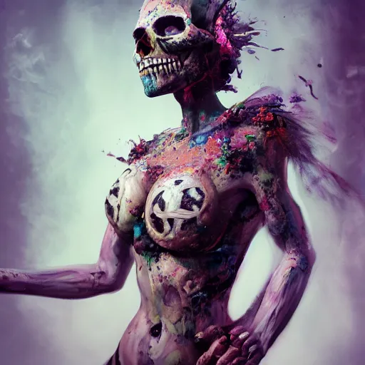 Image similar to full body pose, hyperrealistic mixed media painting of beautiful skull woman, dim volumetric lighting, 8 k, octane beautifully detailed render, extremely hyper detailed, intricate, epic composition, cinematic lighting, masterpiece, trending on artstation, very very detailed, masterpiece, stunning, hdr, smooth, sharp focus, high resolution, award, winning photo, dslr, 5 0 mm