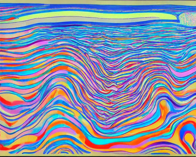 Image similar to Ocean waves in a psychedelic dream world. Edvard Munch. David Hockney. Takashi Murakami. Minimalist.