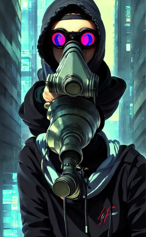 Image similar to cyberpunk anime girl in hoodie, cyberpunk gas mask, potrait, street night, grafity, beautiful face, grafity, arcane, action, tokyo street, detail, good face, pose model, concept art, in style of yoji shinkawa, pan ren wei, col price, atey ghailan, by greg rutkowski, aesthetic