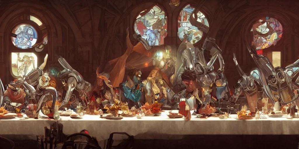 Prompt: the last supper of robots. highly detailed, digital painting, artstation, concept art, smooth, sharp focus, illustration, art by artgerm and greg rutkowski and alphonse mucha and loish and wlop