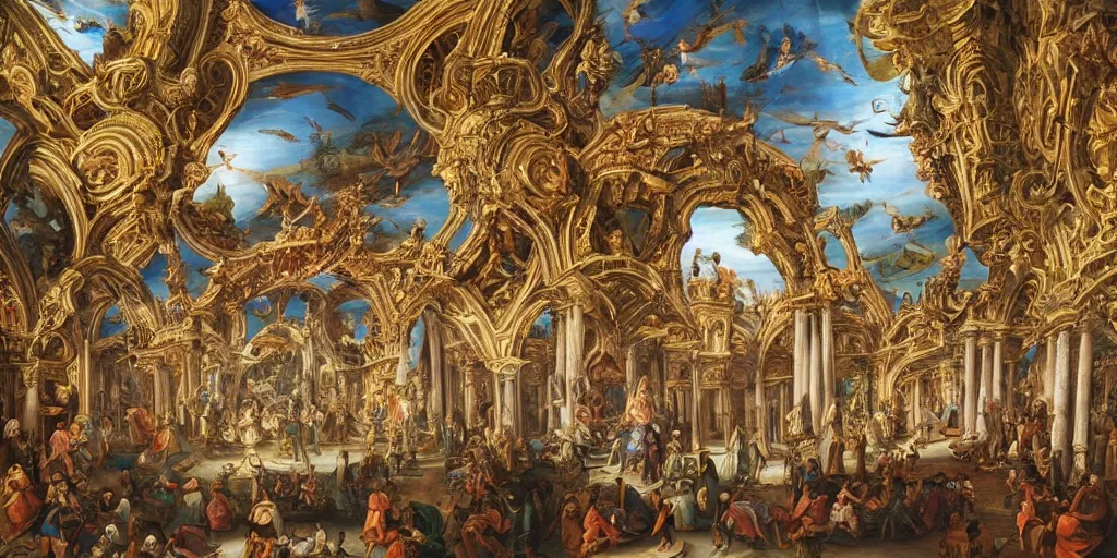 Image similar to beautiful ornate heavenly marble rococo megastructure in the style of heironymus bosch, colorful light intricate masterpiece, hyper detailed, hd