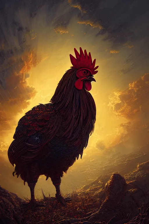 Image similar to a beautiful tarot card artwork of a rooster in armour, horror, backlit, gloomy sky, highly detailed, digital painting, intricate golden threads, by eddie mendoza and greg rutkowski and dan mumford and artgerm, vivid colors, detailed shading, 8 k resolution, intricate, smooth