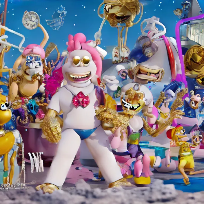 Prompt: jeff koons hip hop bauhaus style street sharks sailor moon wearing diamond grillz and a ton of bussdown iced gold bling in wallace & gromit strata - cut claymation, ultra realistic, concept art, intricate details, serious, highly detailed, photorealistic, octane render, 8 k, unreal engine, art by todd mcfarlane