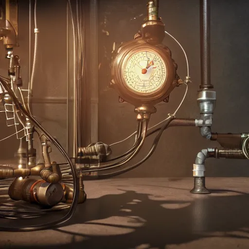 Prompt: 3D photorealistic render of a steampunk🫀, connected trough wired, on a advanced lab, octane render, 4k, unreal 5, very detailed, trending on artstation