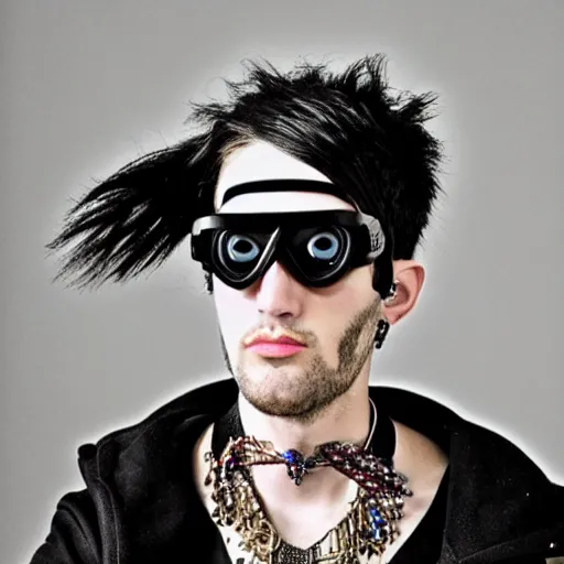 Image similar to a eccentric goth guy wearing goggles and eclectic jewelry, small details, aesthetic!!!,