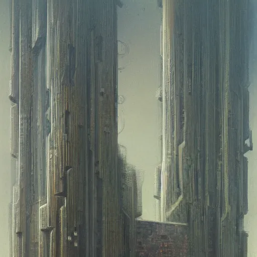 Image similar to a painting of a strange looking building with a lot of windows, cyberpunk art by Zdzisław Beksiński, cgsociety, pop surrealism, steampunk, sci-fi, dystopian art