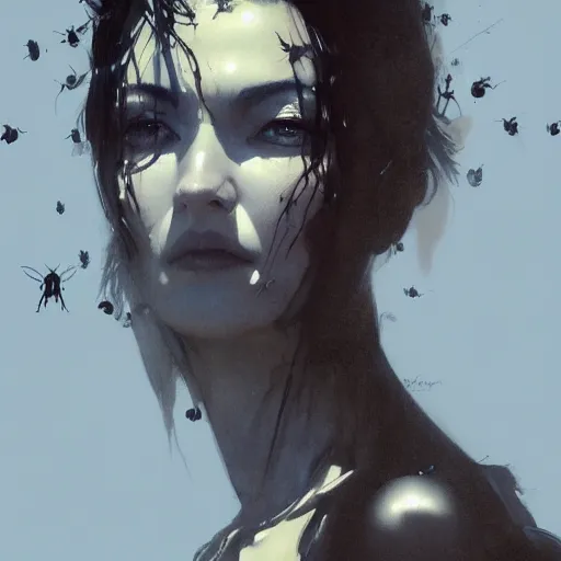 Prompt: portrait of a woman with black hair and insects coming put of her skin, dramatic lighting, illustration by Greg rutkowski, yoji shinkawa, 4k, digital art, concept art, trending on artstation