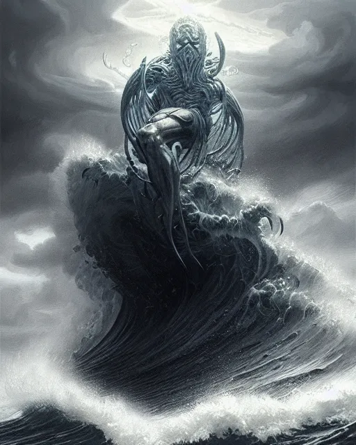 Prompt: a elder god rising from a dark stormy ocean | | pencil sketch, realistic shaded, fine details, realistic shaded lighting poster by greg rutkowski, magali villeneuve, artgerm, jeremy lipkin and michael garmash and rob rey