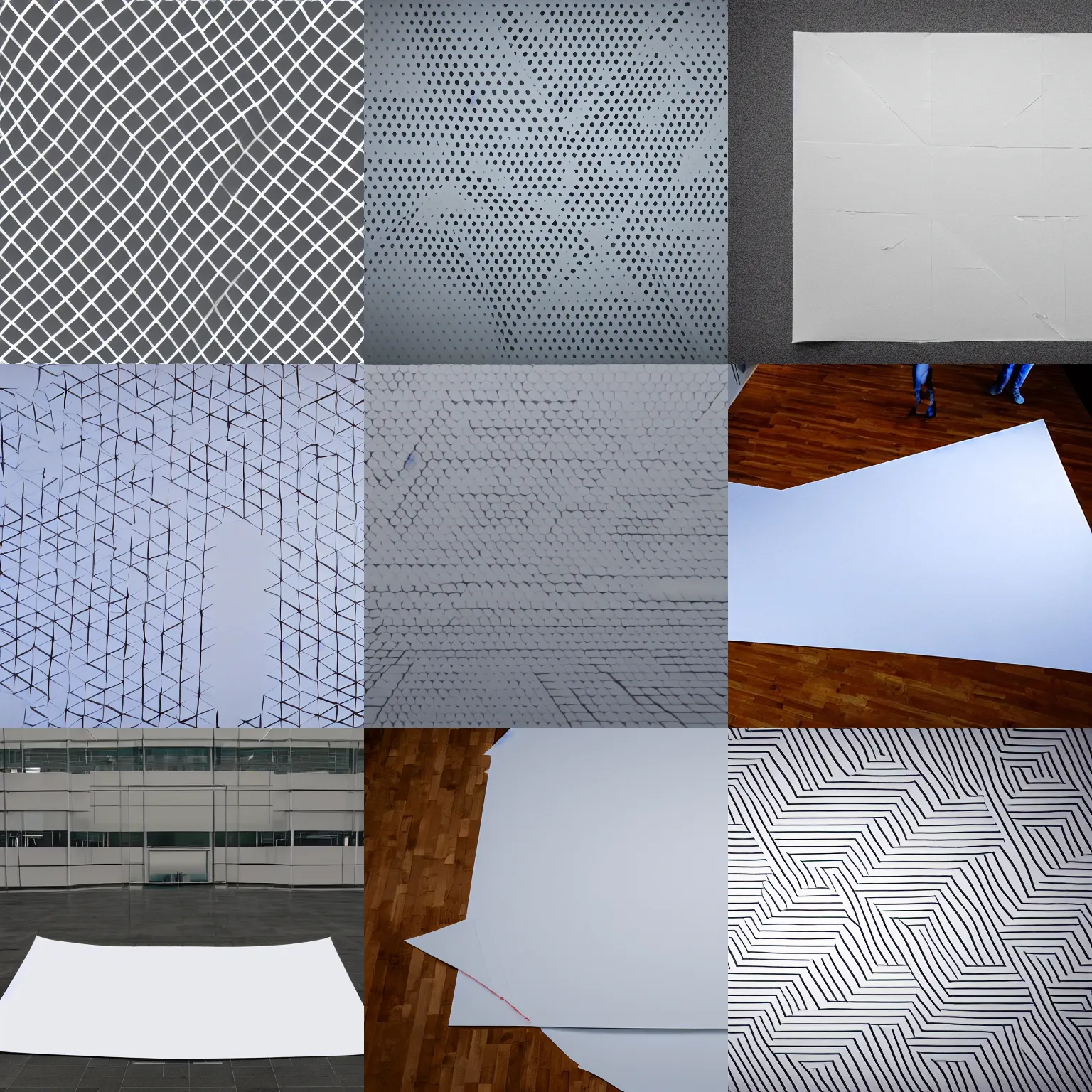 Prompt: perspective view of a huge sheet of white paper on which are drawn separate triangles and squares
