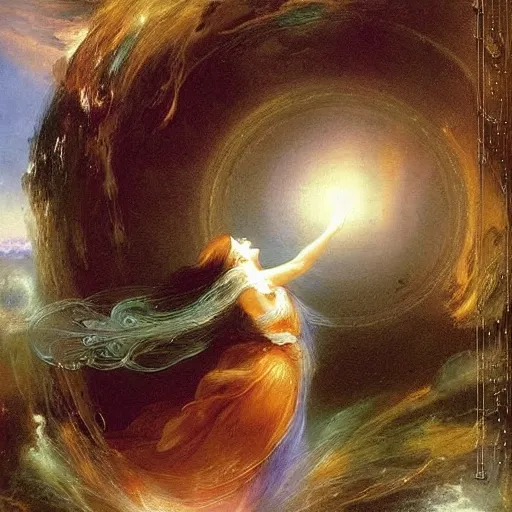 Image similar to A kinetic sculpture. A rip in spacetime. Did this device in her hand open a portal to another dimension or reality?! by Thomas Moran unified, serene