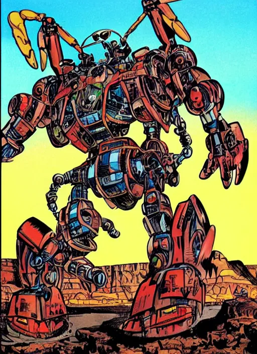 Prompt: comic book drawing of a giant mechanical robot crab at the grand canyon by jack kirby!!! and simon bisley, epic, awesome trendy color palette, black ink outlines