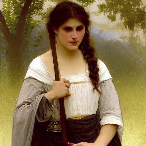 Image similar to Adolphe Bouguereau, Richard Schmid and Jeremy Lipking portrait painting of A shield-maiden (Old Norse: skjoldmø [ˈskjɑldˌmɛːz̠]) was a female warrior from Scandinavian folklore and mythology. Shield-maidens are often mentioned in sagas such as Hervarar saga ok Heiðreks and in Gesta Danorum. They also appear in stories of other Germanic peoples: Goths, Cimbri, and Marcomanni.[1] The mythical Valkyries may have been based on such shield-maidens.[