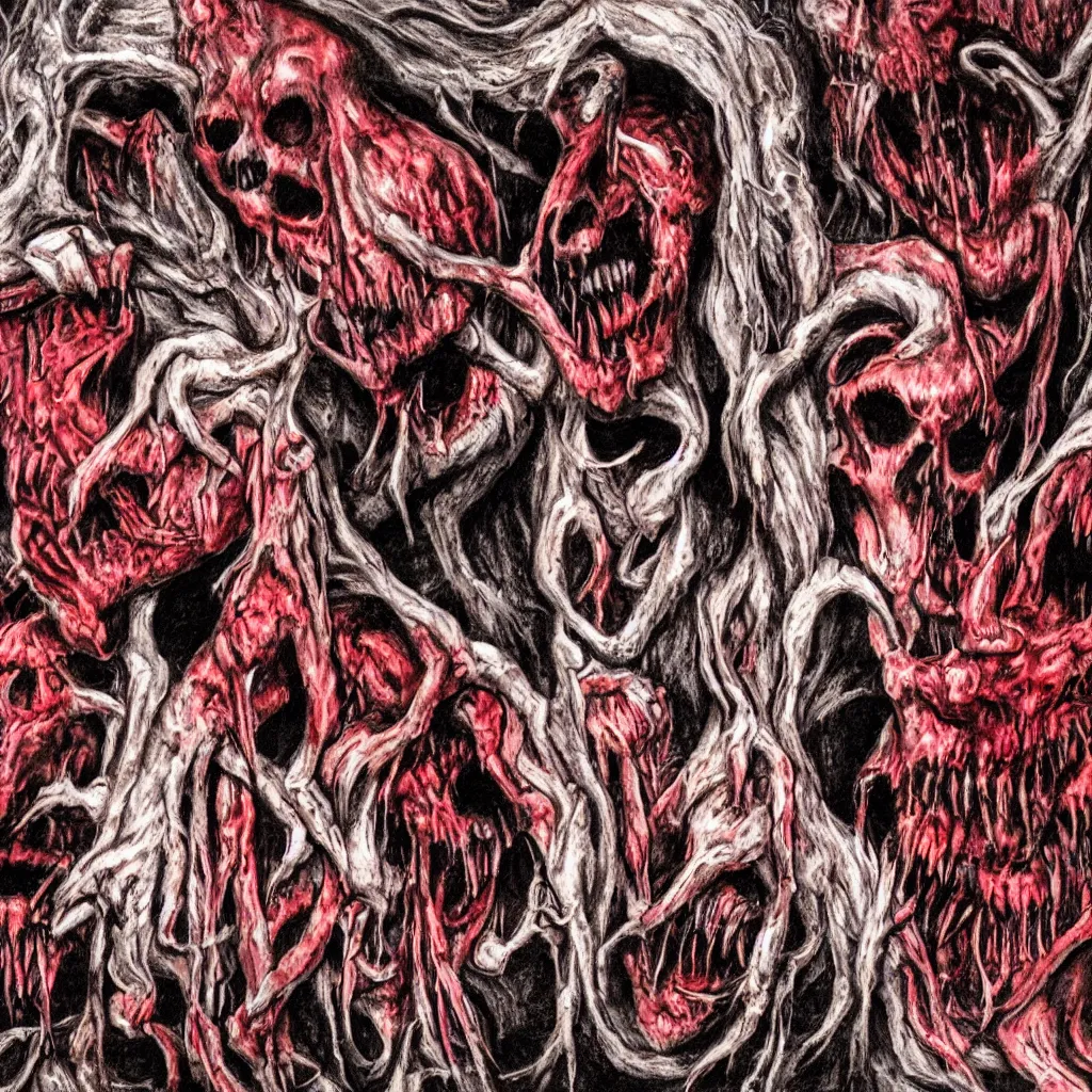 Image similar to hell, death, horrific, eerie, red, creature, talons, fangs