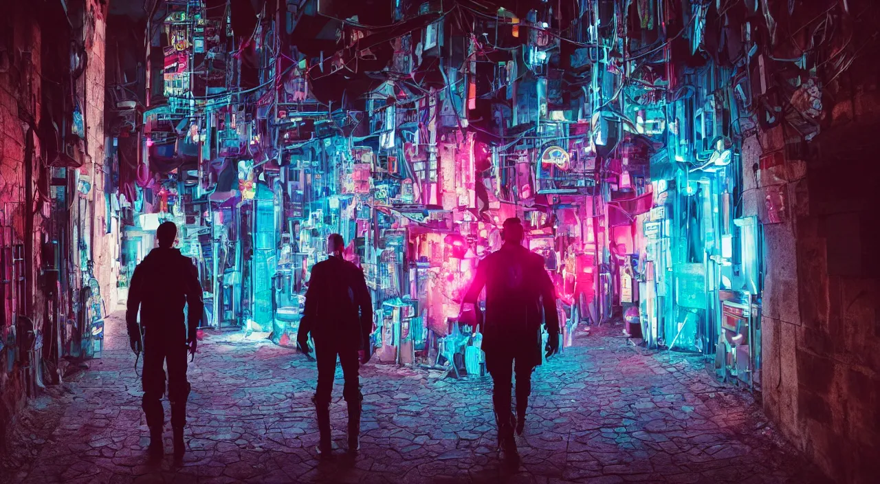 Image similar to a photo of a cyberpunk man walking in a medival village, the photo was taken from the ground looking up at the man's back, the man has glowing neon pink and blue lights on his back, ultra high detail.