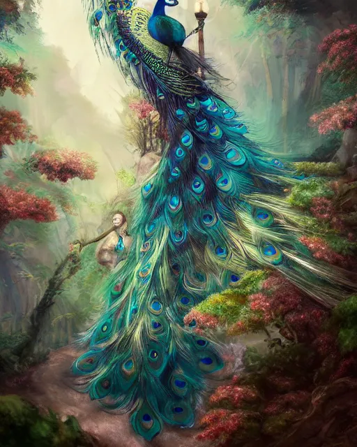 Prompt: Peacock, Anthropomorphized, wearing noble dress, casting spell in forest, portrait, magic the gathering artwork, D&D, fantasy, cinematic lighting, centered, symmetrical, highly detailed, digital painting, artstation, concept art, smooth, sharp focus, illustration, volumetric lighting, epic Composition, 8k, art by Akihiko Yoshida and Greg Rutkowski and Craig Mullins, oil painting, cgsociety
