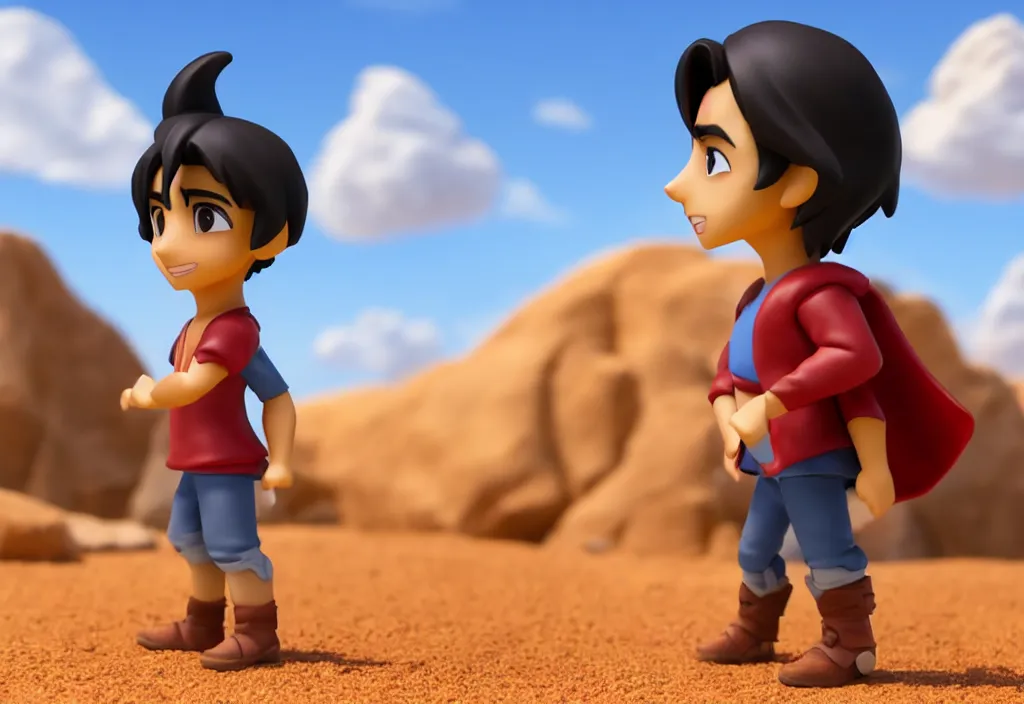 Image similar to profile view of young aladdin as nendoroid walking in a desert, wearing typical clothes, 8 k, hd, dof, kodak film, volumetric lighting, subsurface scattering, photorealistic, octane render