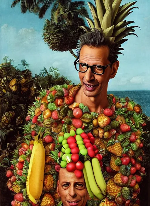 Image similar to jeff goldblum playing maraca pineapple as a banana on the beach by arcimboldo giuseppe