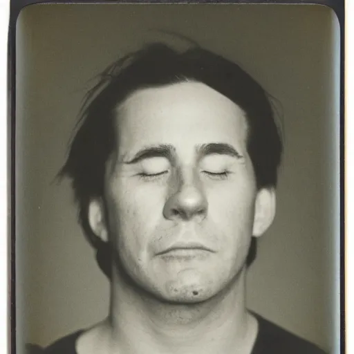 Image similar to a professional polaroid portrait photo of a man with an asymmetrical face with his eyes closed. the man has black hair, freckled skin and a look of panic on his face. extremely high fidelity. key light. coloured light bleed.