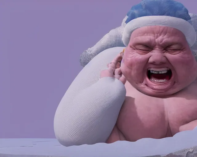 Image similar to of a very beautiful scene. ambient occlusion render. a sweet fat old woman is giving birth to her self as a sweet baby. hyper realistic. 4 k. wide angle. wild. symmetrical face, red mouth, blue eyes. deep focus, lovely scene. ambient occlusion render. concept art. unreal engine.