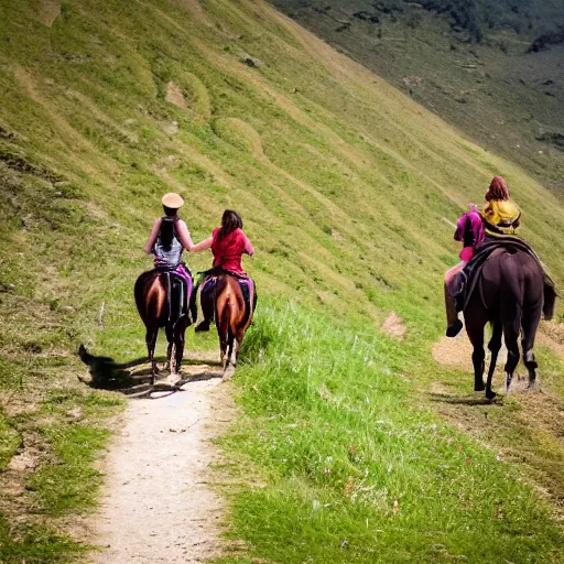 Image similar to women, riding man like a horse, on a small path in the hills