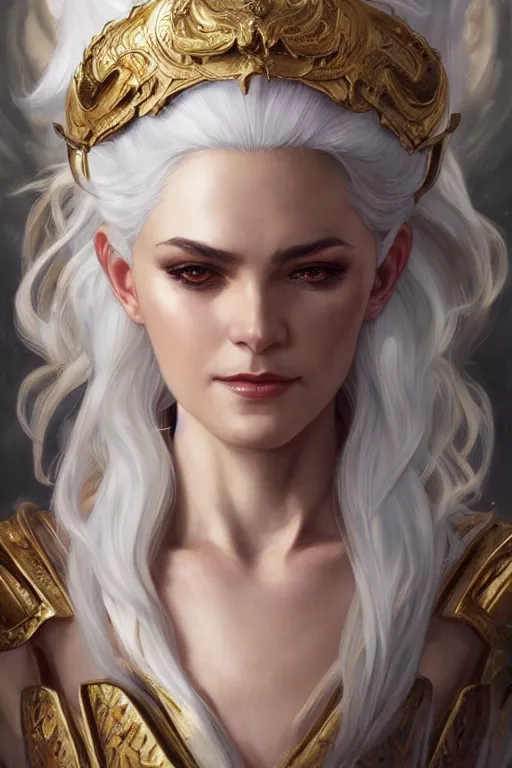 Image similar to fullbody!! beautiful woman with white hair, big natural horns on her head, gold jewellery, dnd, face, fantasy, intricate, elegant, highly detailed, digital painting, artstation, concept art, smooth, sharp focus, illustration, art by artgerm and greg rutkowski and alphonse mucha