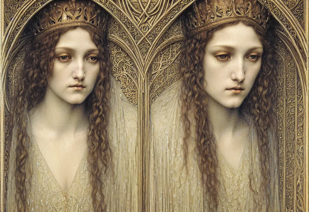 Image similar to detailed realistic beautiful young medieval queen face portrait by jean delville, gustave dore and marco mazzoni, art nouveau, symbolist, visionary, gothic, pre - raphaelite. horizontal symmetry