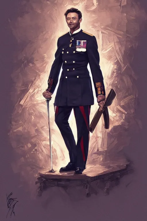 Image similar to Hugh Jackman in a Royal Navy uniform with medals on his jacket, holding a ceremonial sword, highly detailed, digital painting, Trending on artstation , HD quality, by artgerm and greg rutkowski and alphonse mucha, dramatic light, octane