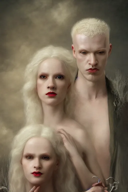 Image similar to a portrait of handsome young male albino Satan and his elegant beautiful albino wife, bored, illustration, dramatic lighting, soft details, painting oil on canvas, art nouveau, octane render, HDR, 4k, 8k, HD, by Edmund Blair Leighton, Brom, Charlie Bowater, trending on artstation, faces by Tom Bagshaw, Sargent