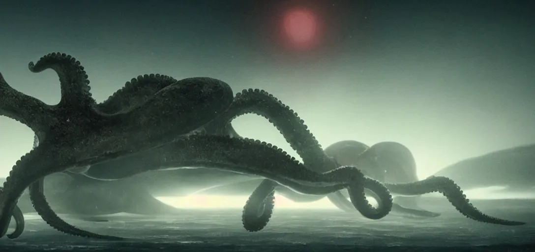 Prompt: an octopus in the shape of a skull eating a planet, foggy, cinematic shot, photo still from movie by denis villeneuve, wayne barlowe