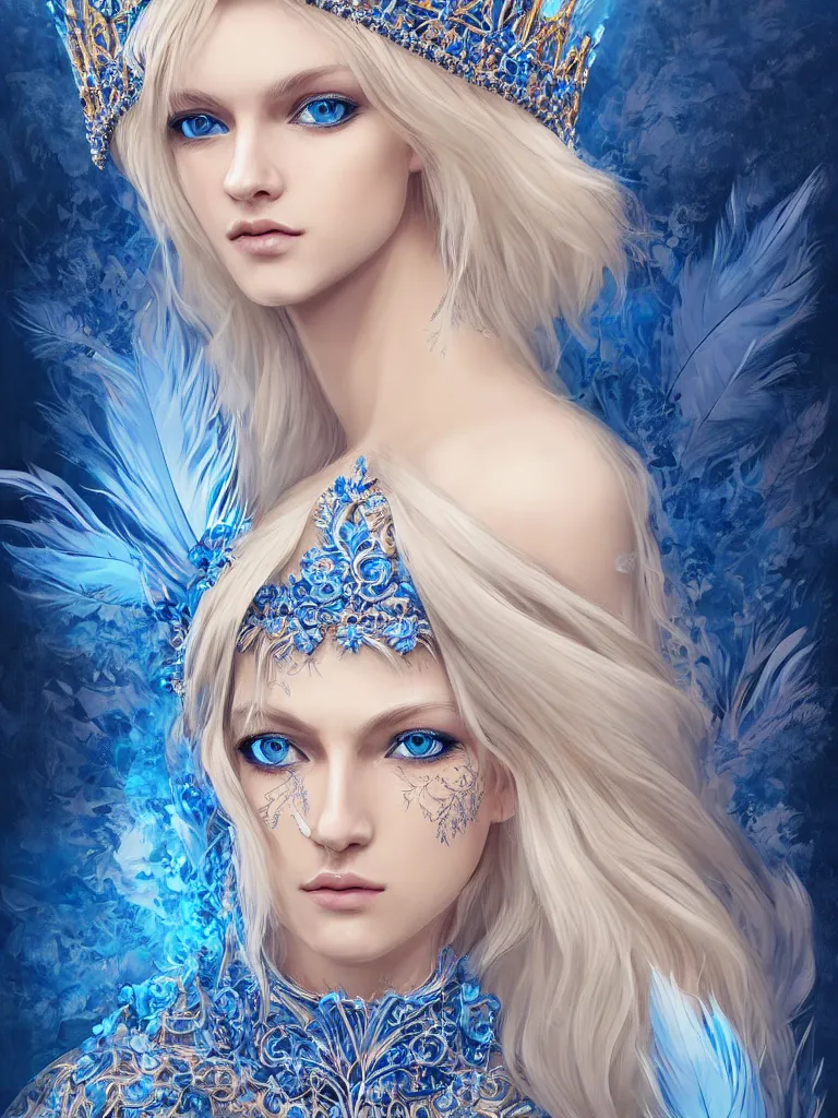 Image similar to A beautiful blonde Slavic woman, highly detailed full body, beautiful blue eyes, detailed intricate blue crown, feathers, wearing fancy clothes, highly detailed figure, fractal crystal, epic composition, ultra wide-shot, dynamic pose, concept art, beautifully lit, digital painting, smooth, desaturated color theme, character design, sharp focus, elegant, intricate, post processing, artstation, by WLOP, James Jean, Victo Ngai, ryohei hase