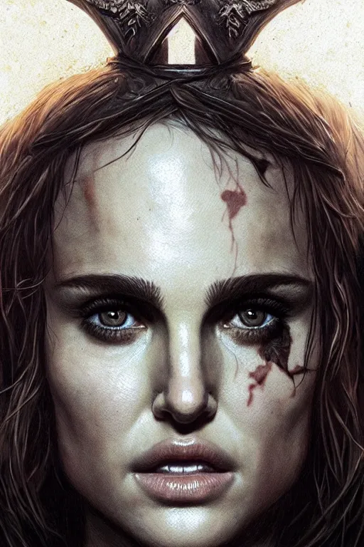 Image similar to portrait, natalie portman, battle warrior, lord of the rings, tattoos, decorative ornaments, greg rutkowski, perfect face, fine details, realistic shading, photorealism