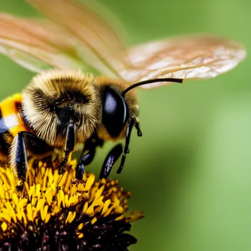 Image similar to a close up of a bee on a flower, a macro photograph by christopher williams, shutterstock contest winner, naturalism, macro photography, photo taken with nikon d 7 5 0, macro lens