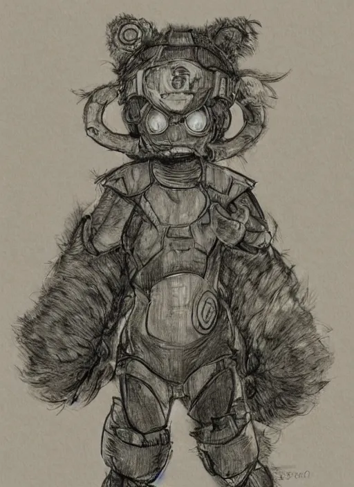 Image similar to beautiful little boy wearing an cyborg bear suit, artwork in kentaro miura and made in abyss and rosdraws, smooth, beautiful lightness, anatomically correct, trending on pixiv, forest