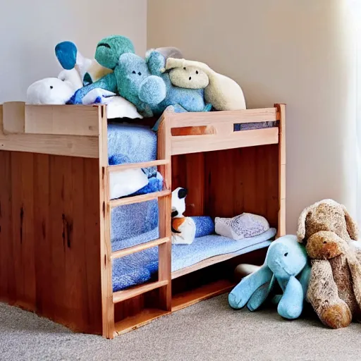 Prompt: a bed made of stuffed animals