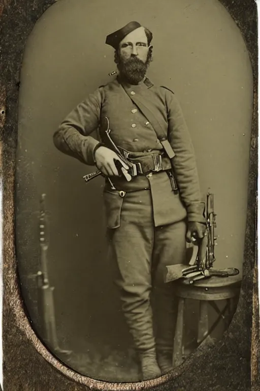 Prompt: a tintype photograph of bigfoot as a soldier in the civil war, posing with his rifle