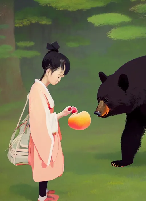 Prompt: painting of a girl wearing a kimono giving a peach to an anthropomorphic asian black bear, featured in artstation, octane render, cinematic, elegant, intricate, 8 k, close up, in the style of studio ghibli and heikala,