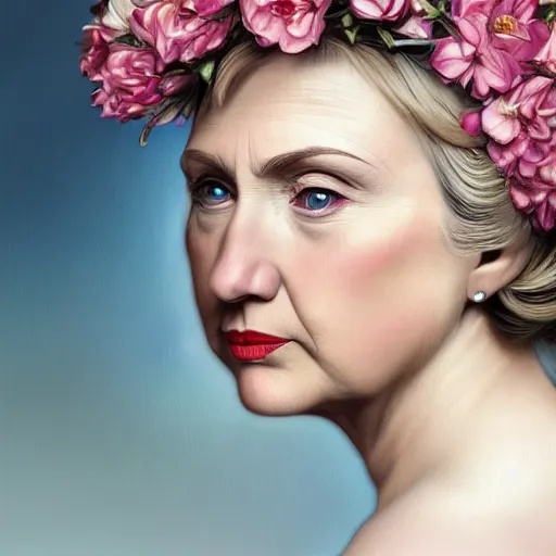 Prompt: side portrait of Hillary Clinton, blond hair, flower crown, white dress, headshot, hyper realistic, pale skin, 4k, rule of thirds, beautiful eyes, extreme detail, detailed drawing, trending artstation, hd, fantasy, D&D, realistic lighting, by Alphonse Mucha, Greg Rutkowski, sharp focus, backlit, elegant