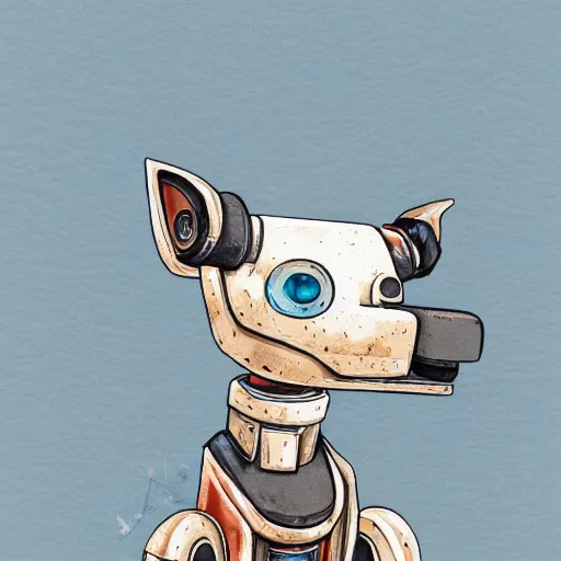 Image similar to a detailed illustration of a cute retro robot dog, alcohol inks on parchment, muted colors, detailed, coherent, white background, concept art