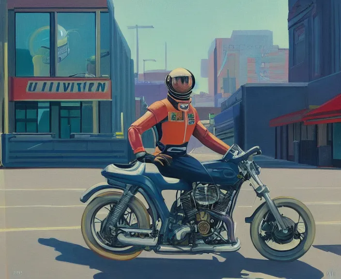 Image similar to a very detailed painting of a astronaut wearing a suit, riding a motorbike down a street, harley davidson motorbike, worm's - eye view, very fine brush strokes, very aesthetic, very futuristic, in the style of edward hopper and grant wood and syd mead, 4 k,