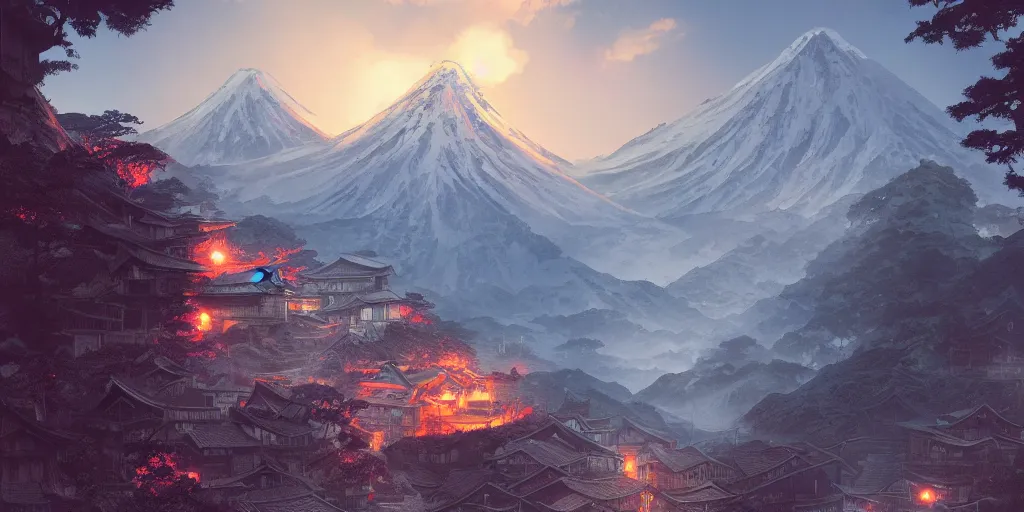 Image similar to a powerful japanese village high in mountains, fanart artstation global illumination rtx hdr fanart arstation 3 d, volcano, mystical power steam, concept art by greg rutkowski and laurie greasley, fantastic landscape, 8 k, cinematic color grading