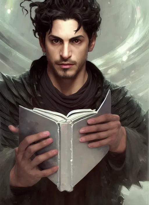 Image similar to character concept portrait of a handsome young corrupted hispanic wizard with olive skin casting an evil spell, a floating iridescent spell book in the center, intricate, elegant, digital painting, concept art, smooth, sharp focus, illustration, from Metal Gear, by Ruan Jia and Mandy Jurgens and William-Adolphe Bouguereau, Artgerm