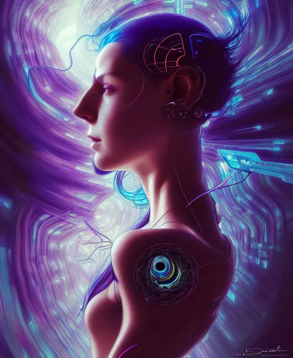 Image similar to a whirlwind of souls rushing inside the metaverse, hologram, half body, neurochip, shaved temple, piercing, jewelry, android, cyborg, cyberpunk face, by loish, d & d, fantasy, intricate, elegant, highly detailed, colorful, digital painting, artstation, concept art, art by artgerm and greg rutkowski and alphonse mucha