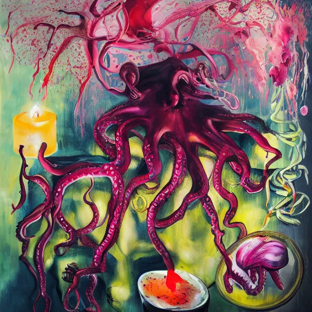 Image similar to brushstrokes, portrait of a female art student falling asleep, scientific research, crashcart, x - ray, sensual, blossom, squashed berries dripping, octopus, candlelight, neo - impressionist, surrealism, acrylic and spray paint and oilstick on canvas