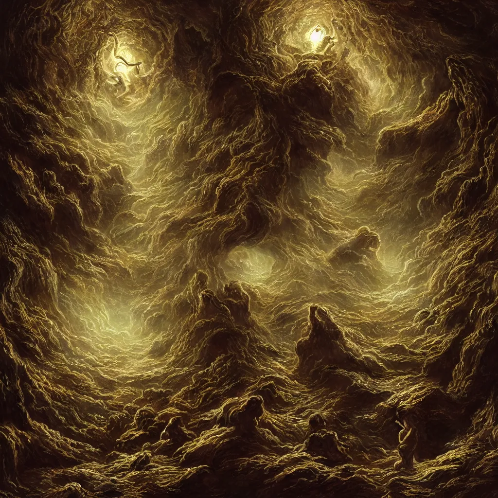 Prompt: symbolism, chaos , consciousness, illusion , beautiful, organism, divine, static, fluid , breathe, void , abyss , cinematic lighting , cinematic mood, very detailed, 8k, high resolution, photorealism, wide angle, cinematic atmosphere, elaborate, highly detailed, ornate, shiny, dramatic lighting, realistic,octane render, by Gustave Doré, by Millais,