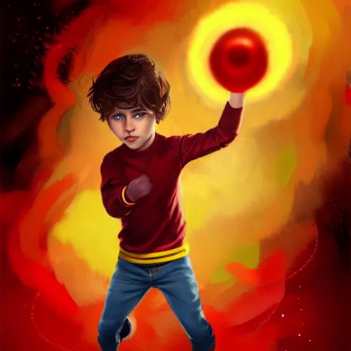 Image similar to colorful and festive captivating young child boy, brown fluffy hair, wearing red and yellow hero suit, shooting a yellow energy sphere out of his fist. full body, rich vivid colors, ambient lighting, dynamic lighting, 4 k, atmospheric lighting, painted, intricate, highly detailed by charlie bowater