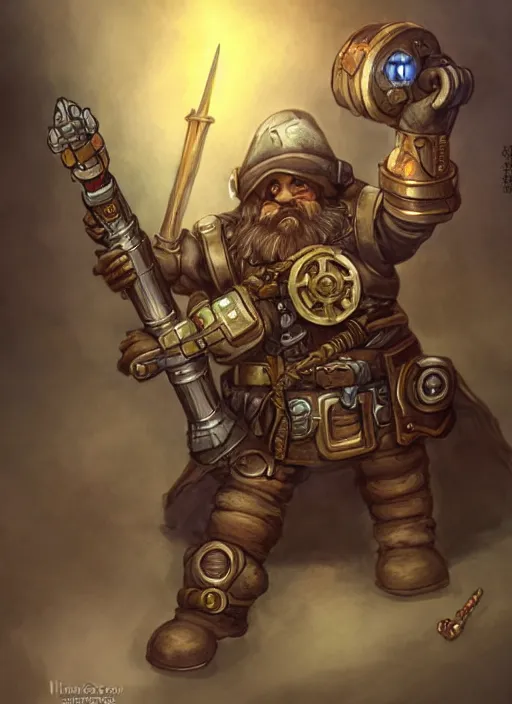 Prompt: a dwarf artificer holding a musket and riding on a giant robot, golem, steampunk robot, fantasy art, chinese fantasy, dungeons and dragons, tabletop rpg, ghostblade, wlop.