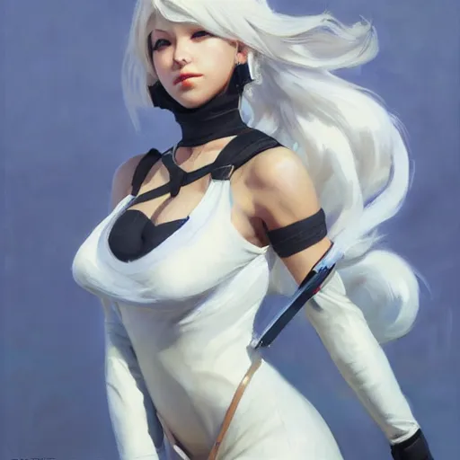 Image similar to greg manchess portrait painting of a 2 yorha type a no. 2 as overwatch character, white long hair, organic painting, sunny day, matte painting, bold shapes, hard edges, street art, trending on artstation, by huang guangjian and gil elvgren and sachin teng