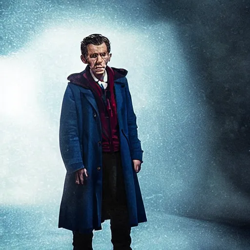 Image similar to tom holland as a rough dirty old man with a scruffy beard in a dark blue trenchcoat as the new doctor who, cinematic, volumetric lighting, f 8 aperture, cinematic eastman 5 3 8 4 film, photorealistic