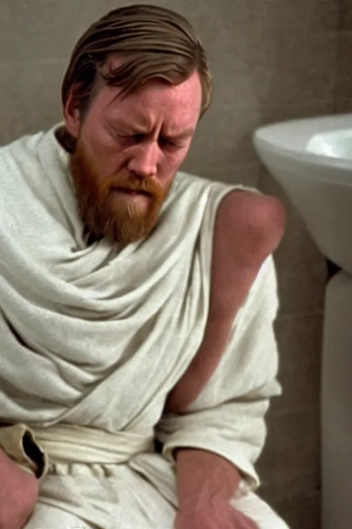 Image similar to Obi-Wan crying with a look of anguish on the toilet after realising there's no more toilet paper